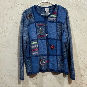 Vintage Koret City Blues Blue Patchwork Christmas Tree Cardigan Sweater size 1X